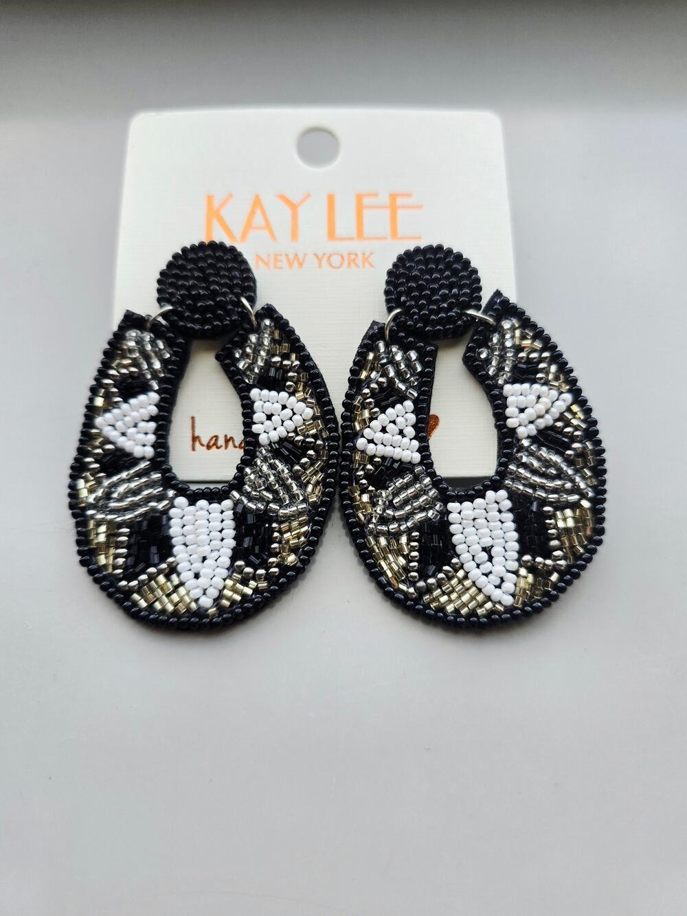Kay Lee Black White Gold Oval Glass Beaded Earrings New